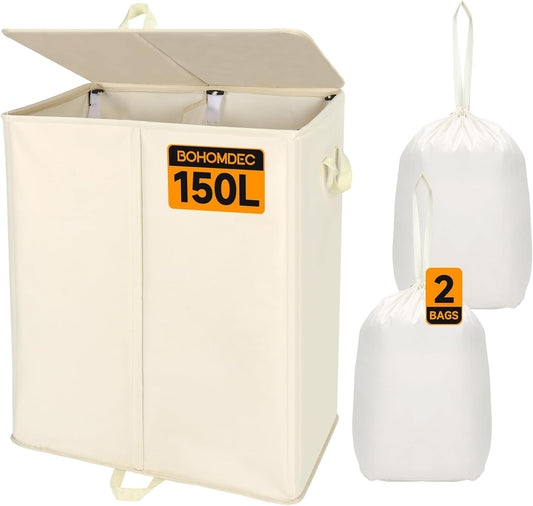 150L Double Laundry Hamper with Lid and Removable Bags,28in Tall Laundry Basket 2 Section,Large Dirty Clothes Hamper 2 Dividers for Bedroom,Laundry Room,Bathroom,Dorm Beige