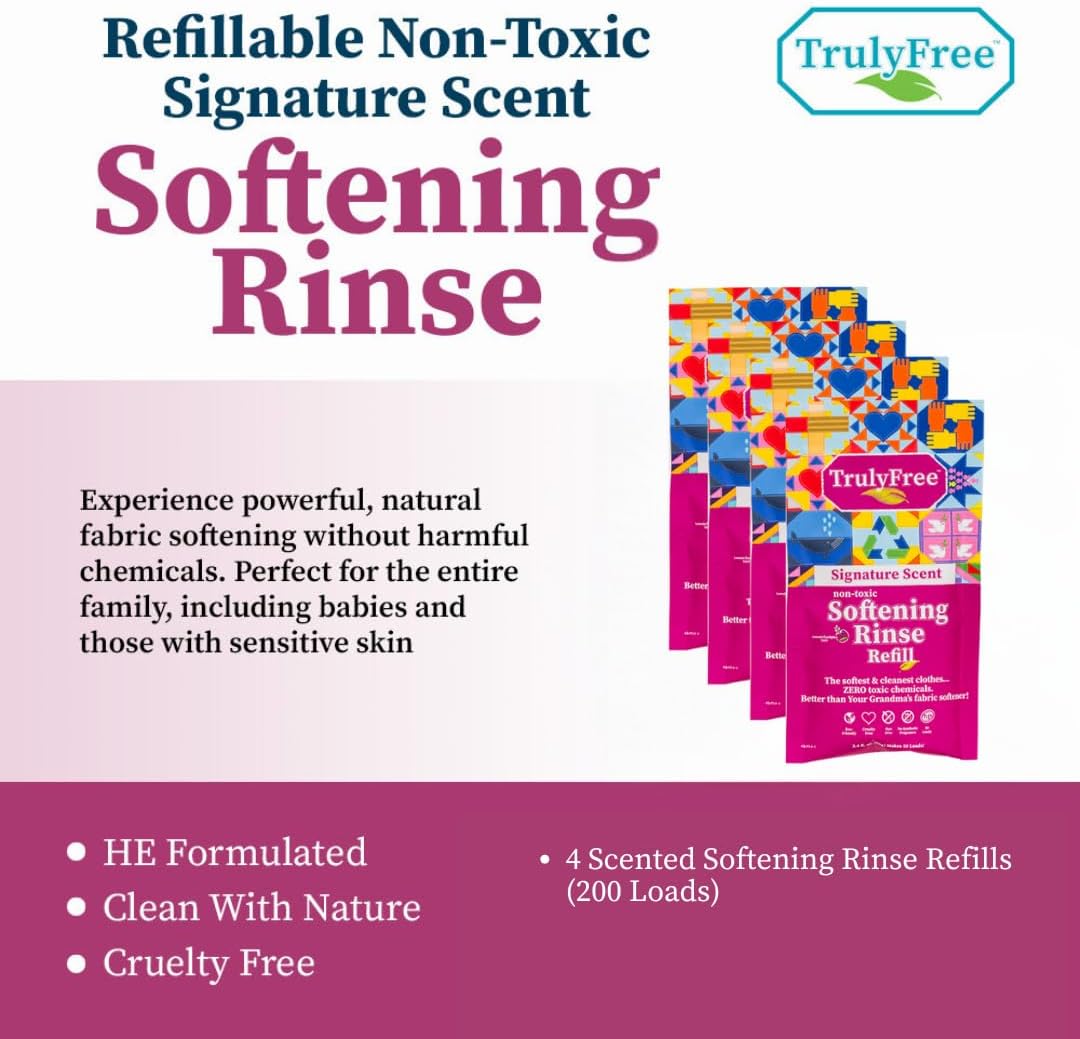 Truly Free Fabric Softening Conditioner for Clothes| Safe for Babies & Kids with Sensitive Skin | Plant-Based | Includes 4 Refills| Signature Scent Rinse(200 Loads)