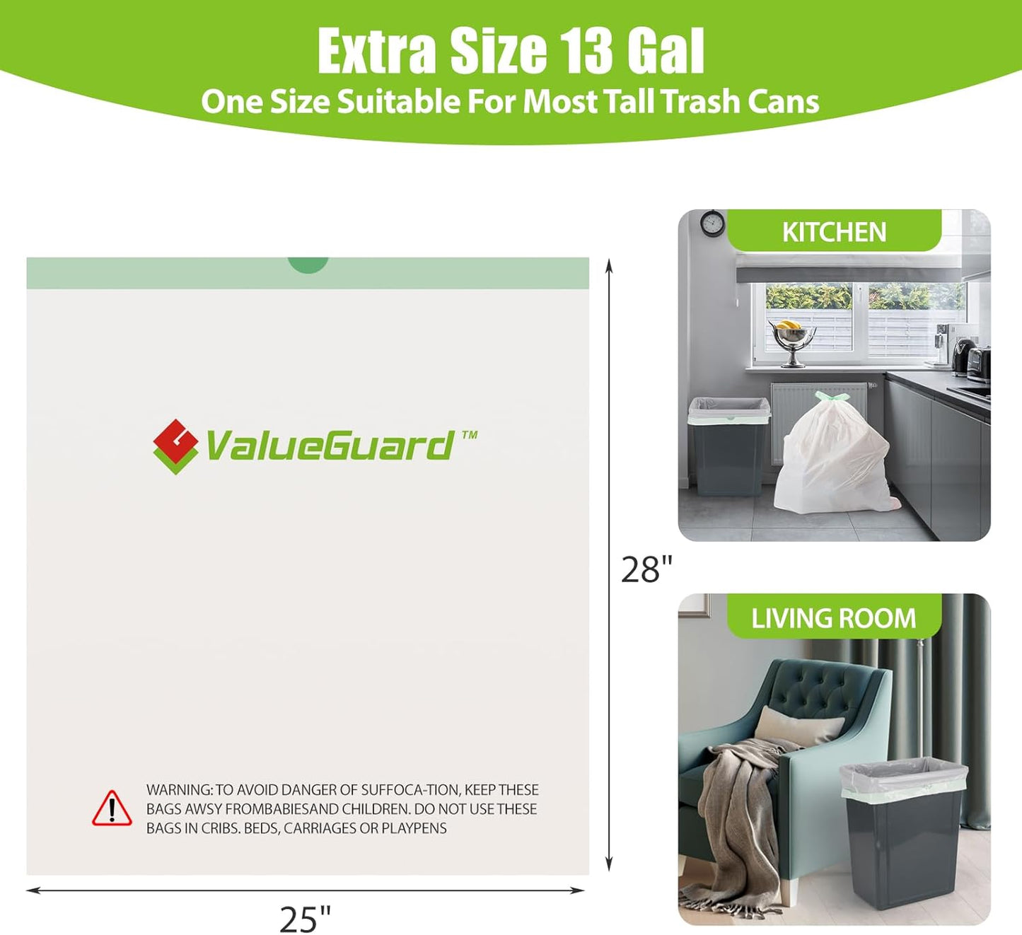 Large Trash Bags 13 Gallon Tall Drawstring 100% Post-Consumer Recycled Garbage Bag Waste Bag for Kitchen Office 0.6 Mil (300 Count)