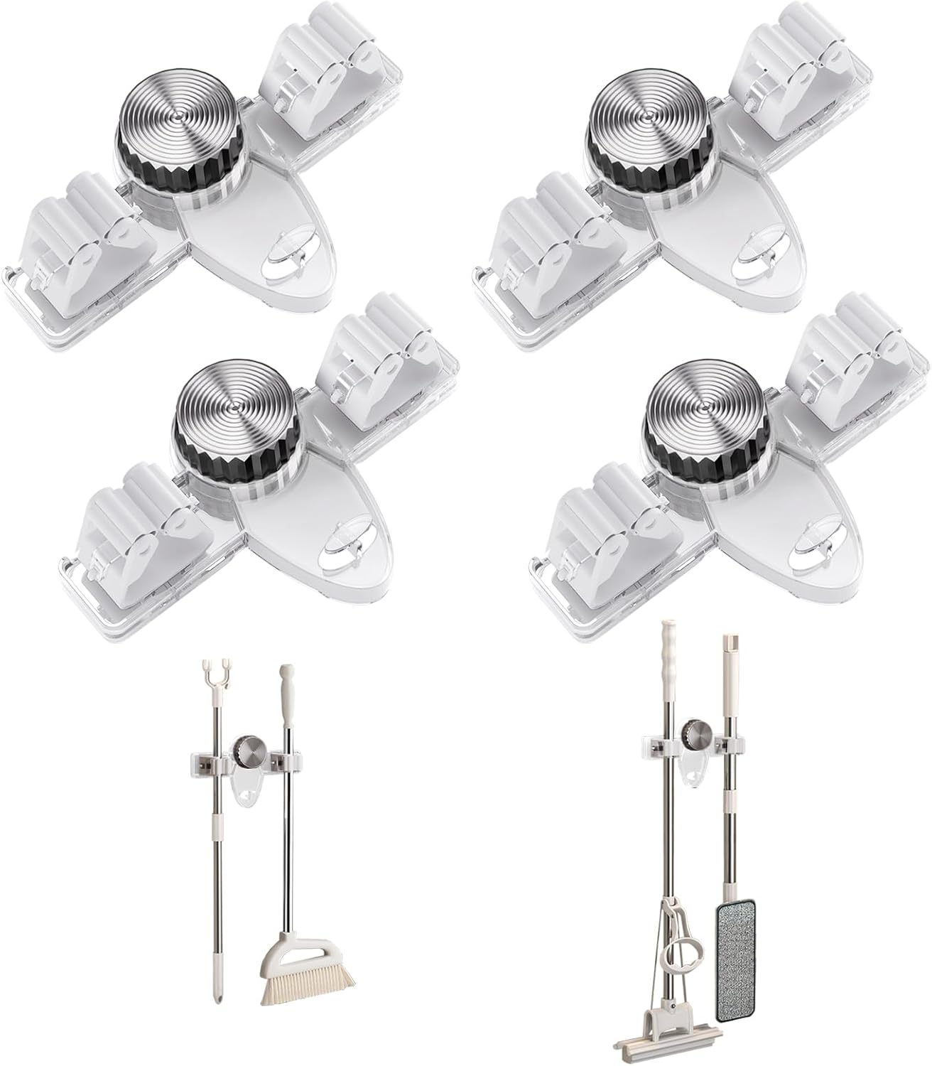 Mop and Broom Holder Wall Mount, No Punching Required Broom and Mop Organizer Wall Hanging with Hooks for Bathroom, Laundry Room, Garage, Kitchen,Garden Tool Organizer Storage (4pcs Transparent)