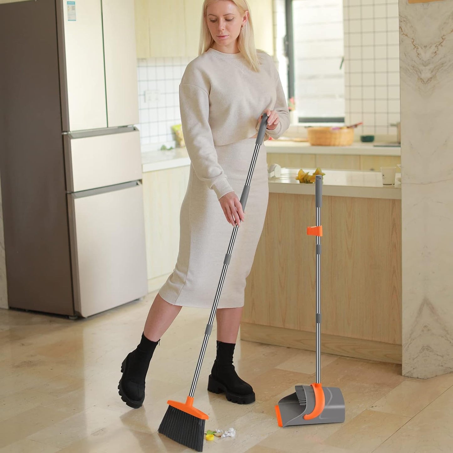 Broom and Dustpan Set for Home, Broom and Dustpan Combo for Office, Long Handle Broom with Upright Standing Dust pan,Indoor&Outdoor Sweeping (Gray&Orange)