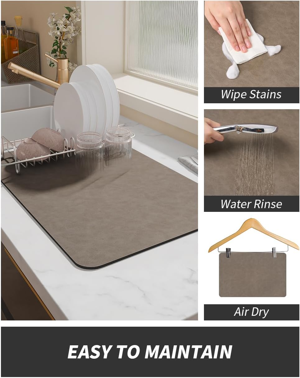 AMOAMI Coffee Mat Hide Stain Rubber Backed Absorbent Dish Drying Mat for Kitchen Counter - Brown, Fits Under Coffee Maker & Machine