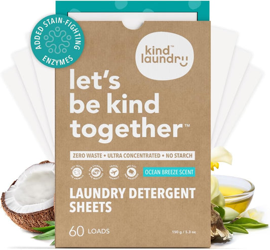 Kind Laundry Detergent Sheets Stain-Fighting Enzymes - Plant Powered Eco-Friendly Laundry Soap Sheets - Home or Travel Laundry Detergent - Ocean Breeze, 60 Loads (Mom's Choice Award Winner)