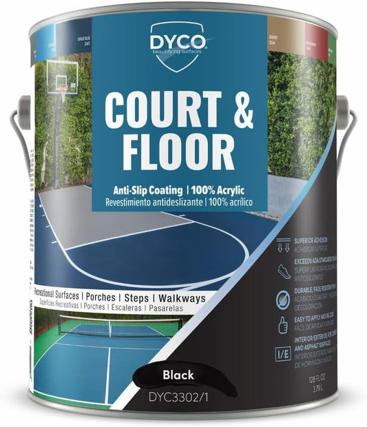DYCO Court & Floor Anti-Slip Coating - Slip-Resistant Pavement, Cement & Concrete Paint for Pickleball, Tennis & Basketball Courts, Exceeds ADA Standards for Safety Areas (Black, 1 Gallon)