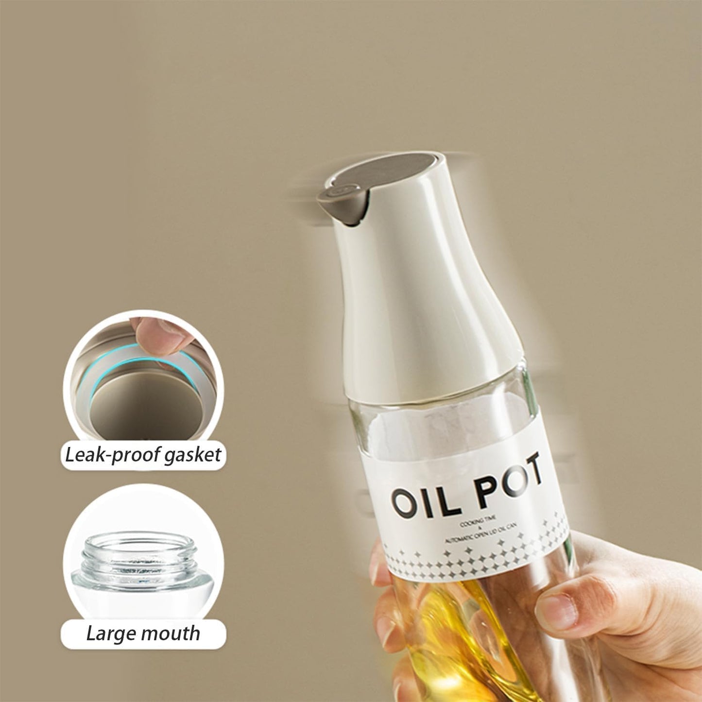 Olive Oil Dispenser Bottle, Auto Flip Non-Drip Design, Leak Proof Soy Sauce & Vinegar Dispenser, Glass Oil Bottle with 500ml Capacity, Warm Grey (1)