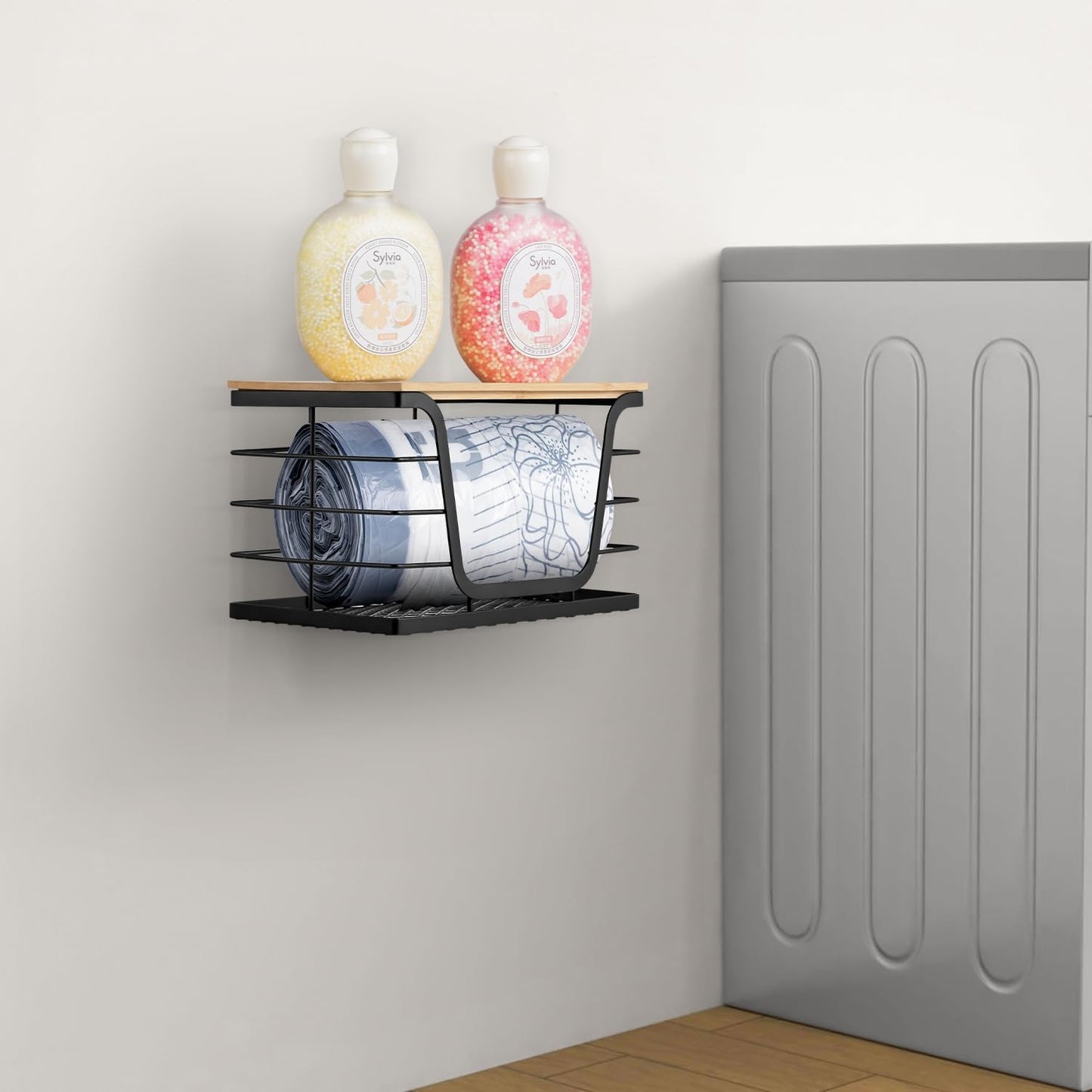 Wetheny 2 Pack Trash Bag Holder, Wall Mounted Garbage Bag Dispenser with Bamboo Top and Mesh Bottom, Stackable Storage for Kitchen Laundry Organization, Black