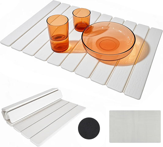 Diatomaceous Earth Stone Dish Drying Mat for Kitchen Counter – 24”x16”, Non-Slip Quick-Dry Surface, Sleek Foldable Design & Collapsible Storage, White