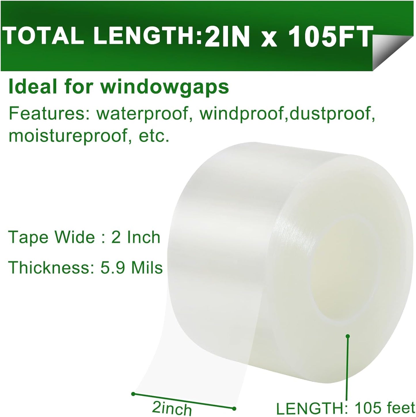 Transparent Window Weather Sealing Tape 2 Inch x 35 Yards Weather Stripping Residue Free Clear Window Draft Isolation Sealing Film Tape for Doors Windows and Shower Glass Gaps