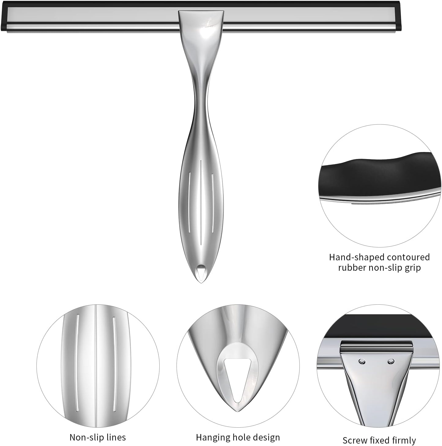 Shower Squeegee for Glass Door 12-Inch Stainless Steel Bathroom Squeegee Window Wiper, Includes Shower Door Hook, Adhesive Hook, and Spare Silicone Blade for Window Mirror Car All-Purpose Squeegee