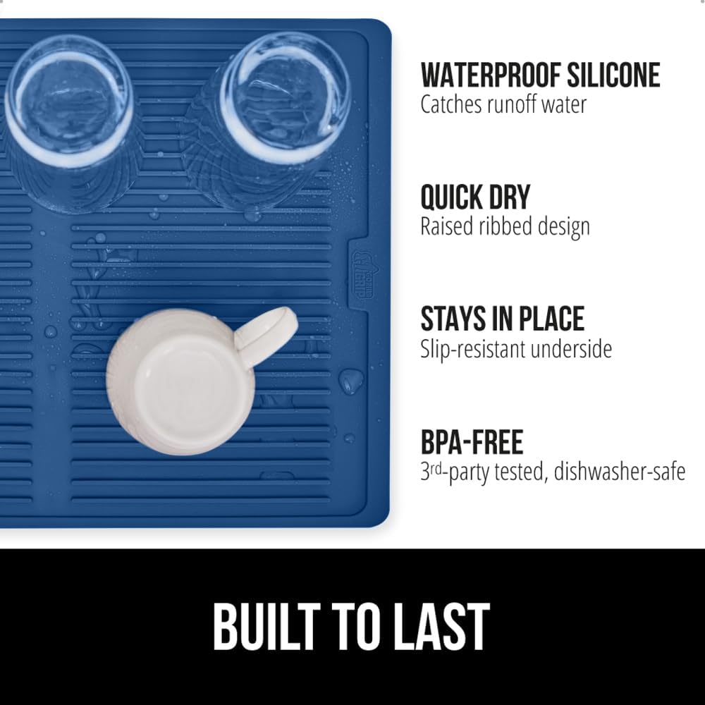GORILLA GRIP 100% BPA-Free Patented Silicone Dish Drying Mat for Kitchen Counter, Water Catching Ribbed Design, Easy Clean Waterproof Sink Liner, Heat Resistant, Fits Under Rack, 16x12 Inch, Blue