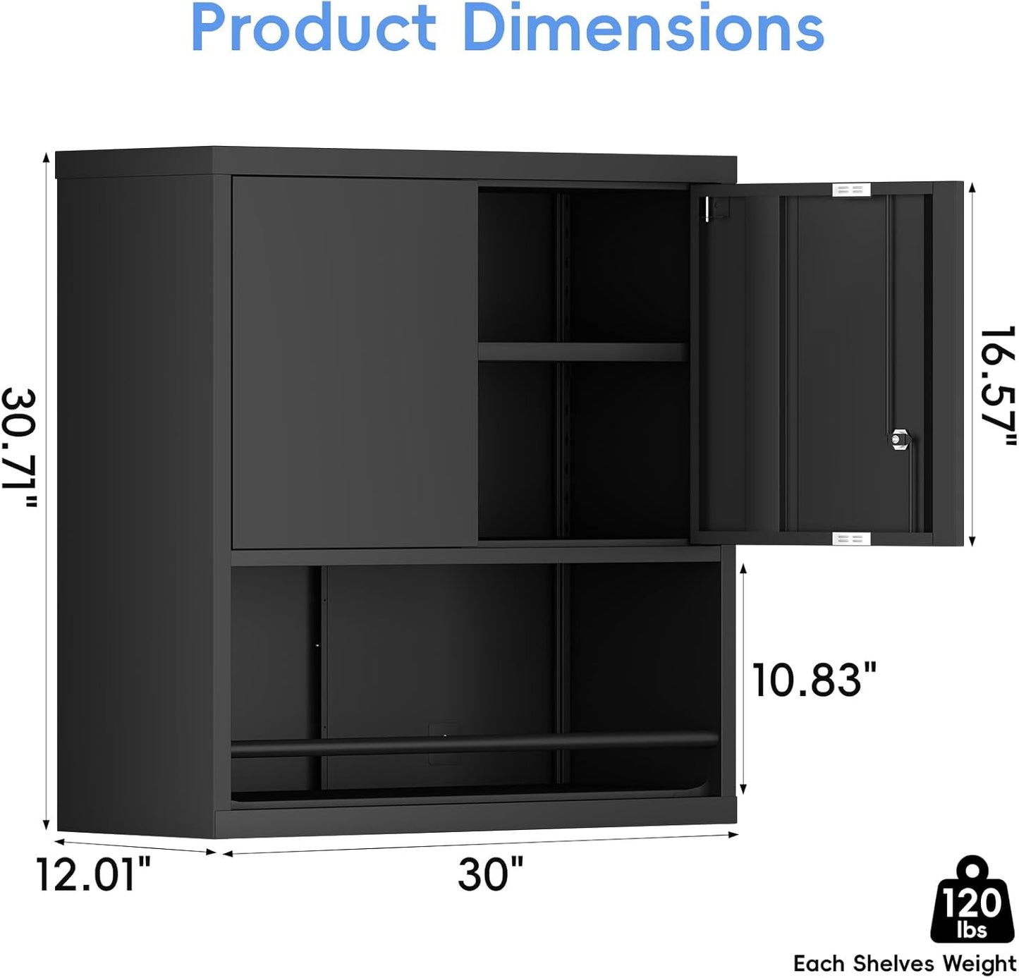 Locking Cabinet, Black Wall Storage Cabinet with Shelves, Hanging Cabinets with Open Storage, Small Wall Cabinet, Lockable Tool Cabinet for Basement, School, Office