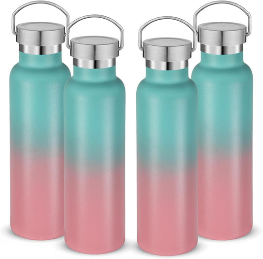Neihepal 20 oz Insulated Water Bottles Bulk 4 Pack,Stainless Steel Double Wall Sport Bottle with Lid of Handle,Metal Reusable Thermoses Flask for School,Cyclists,Hikers,Gift (Green-Pink,Set of 4)