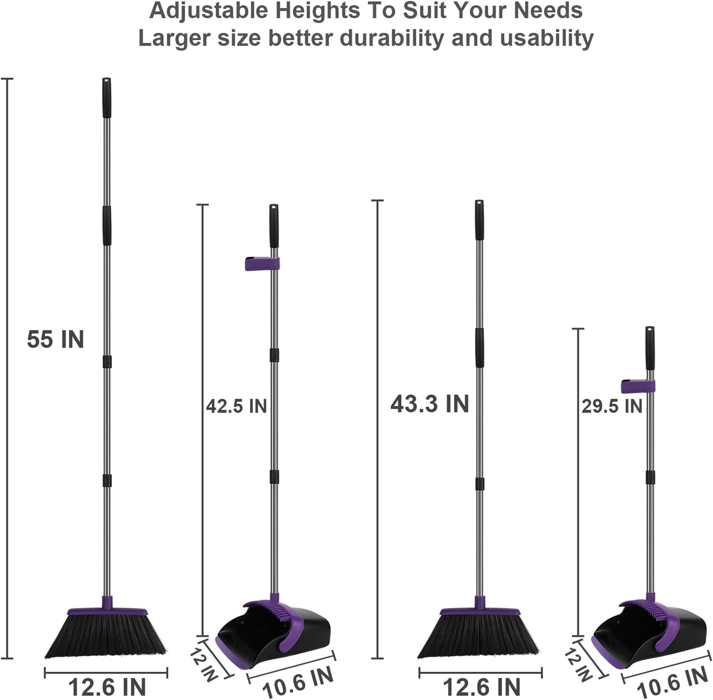 Broom and Dustpan Set, Large Household Dustpans and Broom with 55 Inch Long Handle, Pueple Broom with Dustpan Combo Set for Home