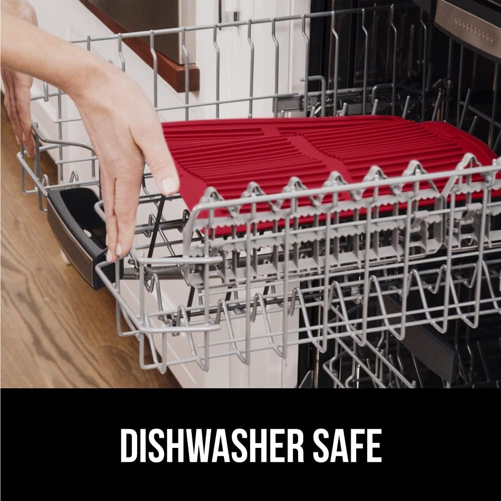 GORILLA GRIP 100% BPA-Free Patented Silicone Dish Drying Mat for Kitchen Counter, Water Catching Ribbed Design, Easy Clean Waterproof Sink Liner, Heat Resistant, Fits Under Rack, 16x12 Inch, Red