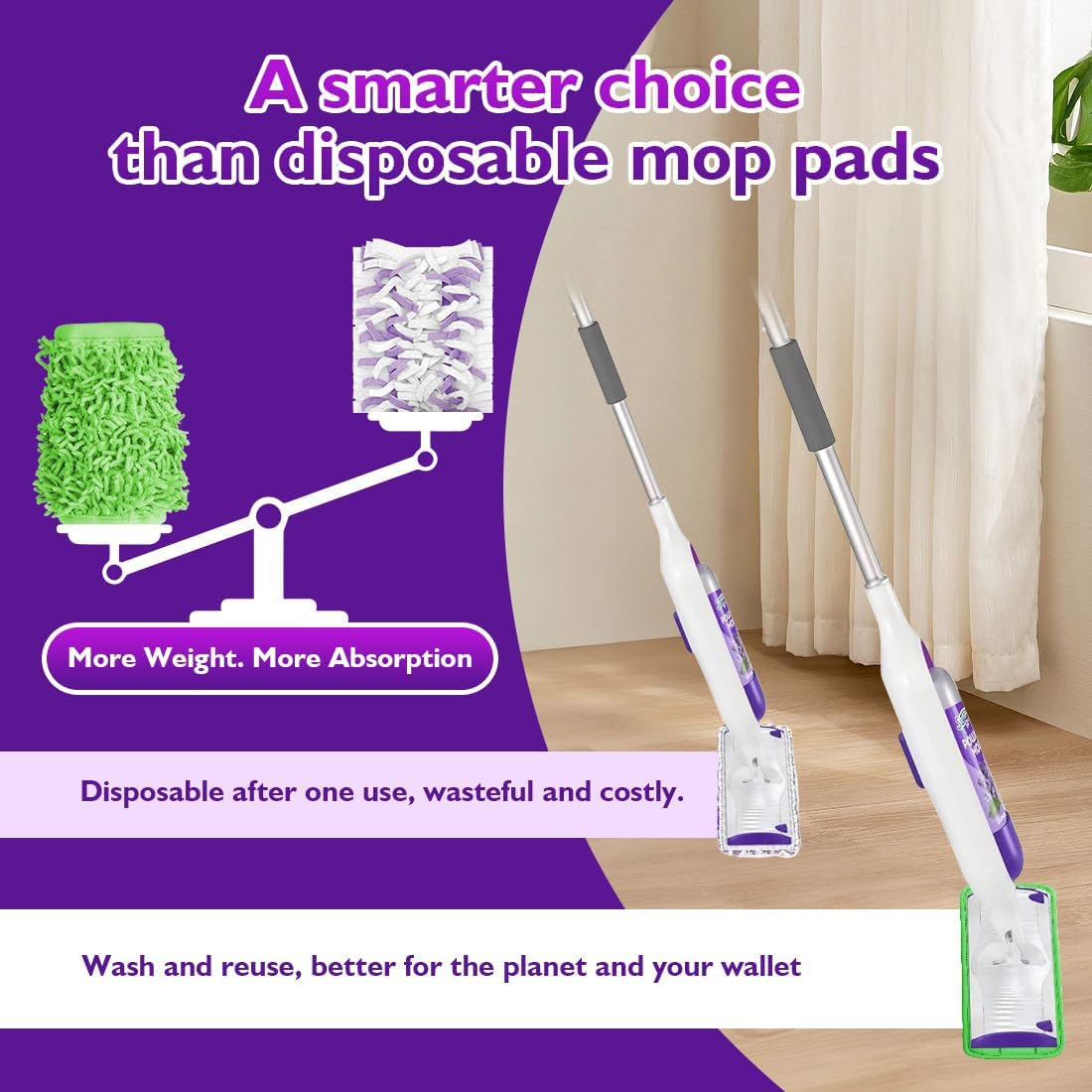Reusable Mop Pads for Swiffer PowerMop, 8 Pack Microfiber Mop Pad Refill with Scrubber Strips for 13''-15'' SprayMop, Washable Mop Pads Use for Most Floor Types, Designed for Pets - Green