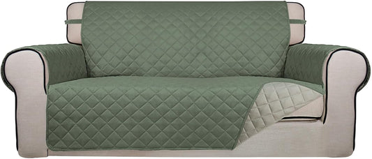 PureFit Reversible Quilted Sofa Cover, Water Resistant Slipcover Furniture Protector, Washable Couch Cover with Non Slip and Elastic Straps for Kids, Dogs (Oversized Loveseat, Greyish Green/Beige)