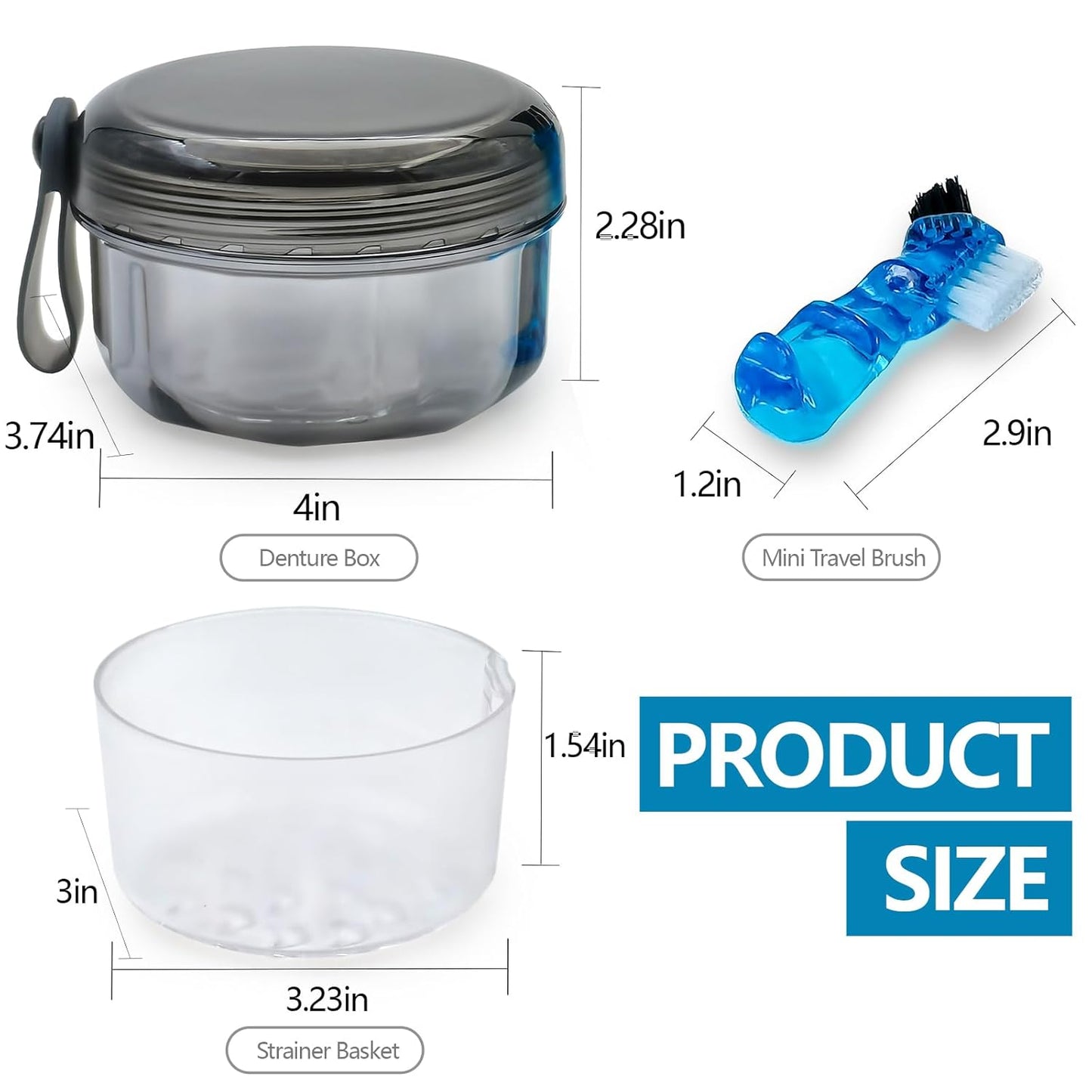 Leak Proof Denture Cups for Soaking Dentures, Partial Denture Bath Case Travel Retainer Cleaning Container Case with Brush for Aligner, Denture, Mouth Guard - Transparent Black