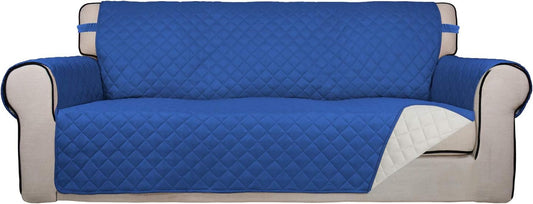 PureFit Reversible Quilted Sofa Cover, Water Resistant Slipcover Furniture Protector, Washable Couch Cover with Non Slip Foam and Elastic Straps for Kids, Pets (X Large, Classic Blue/Ivory)