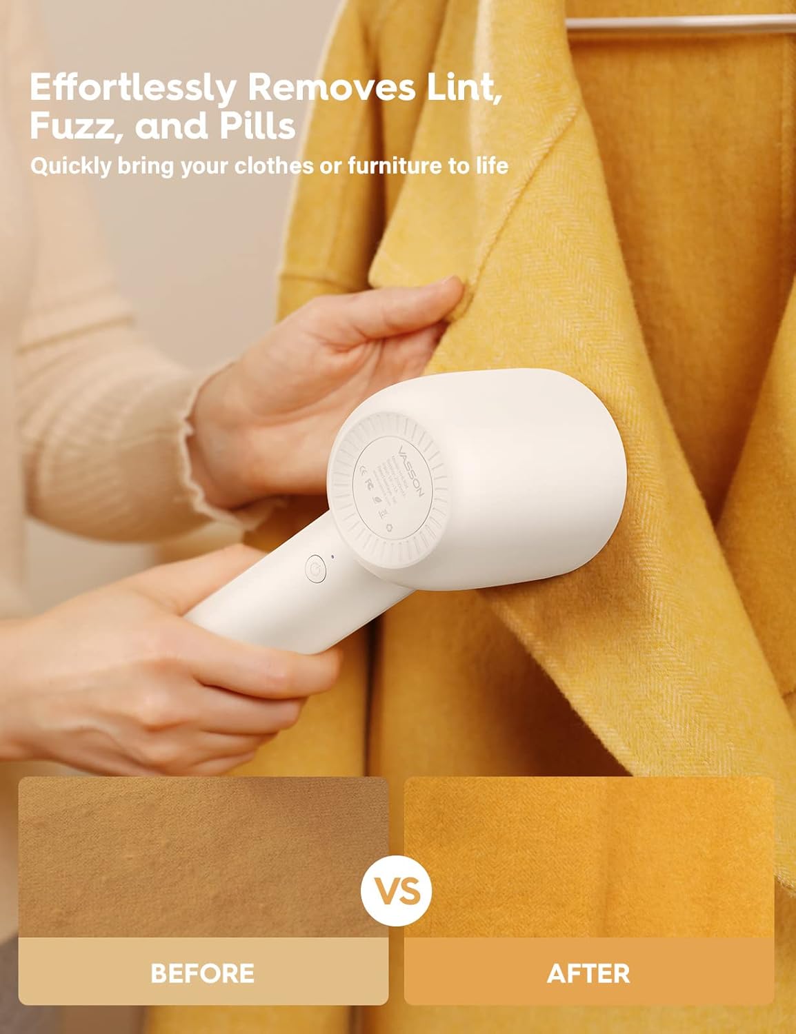 VASSON Fabric Shaver, Electric Lint Remover Rechargeable, Lint Shaver, Sweater Shavers to Remove Pilling, Sweater Defuzzer, Depillers for Clothes, Furniture (Ivory White)