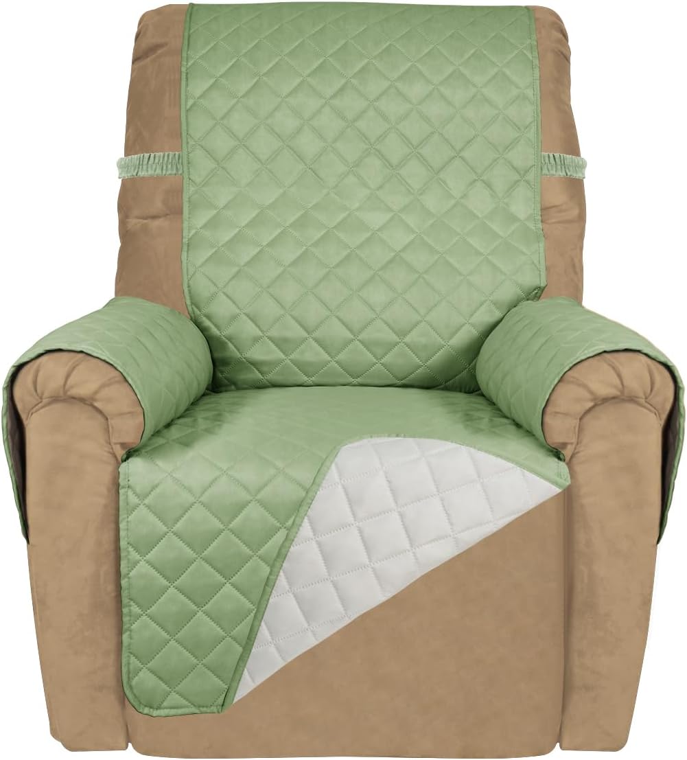 PureFit Reversible Quilted Sofa Cover, Water Resistant Slipcover Furniture Protector, Washable Couch Cover with Non Slip and Elastic Straps for Kids, Dogs, Pets (Recliner, Sage Green/Ivory)