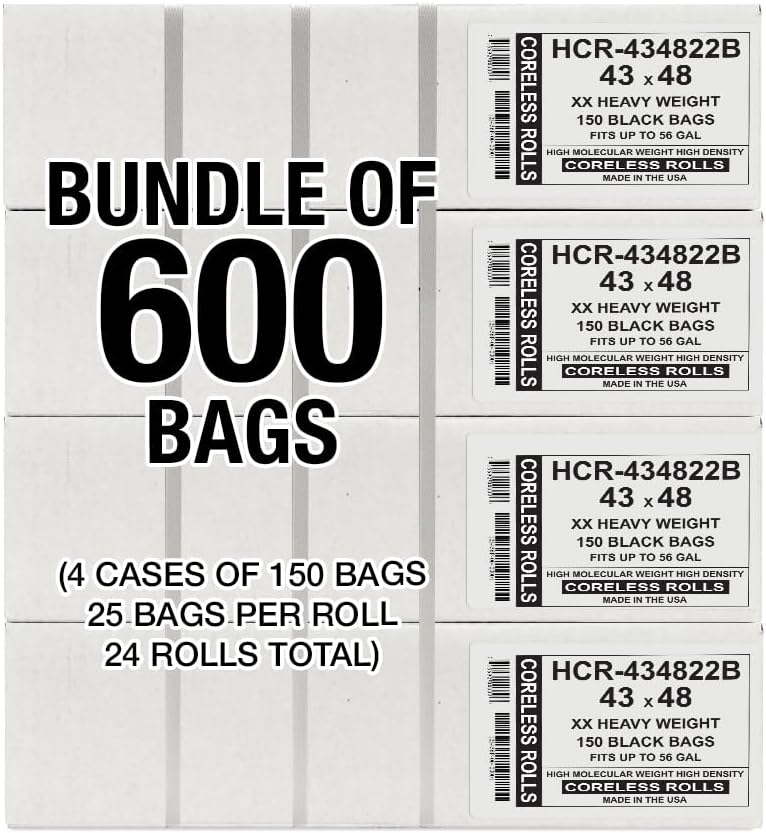 Aluf Plastics High Density Trash Bags, 56 Gallon, 600 Count, 22 Micron (eq), 43" x 48", Black, for Bathroom, Office, Industrial, Commercial, Janitorial, Municipal, Recycling
