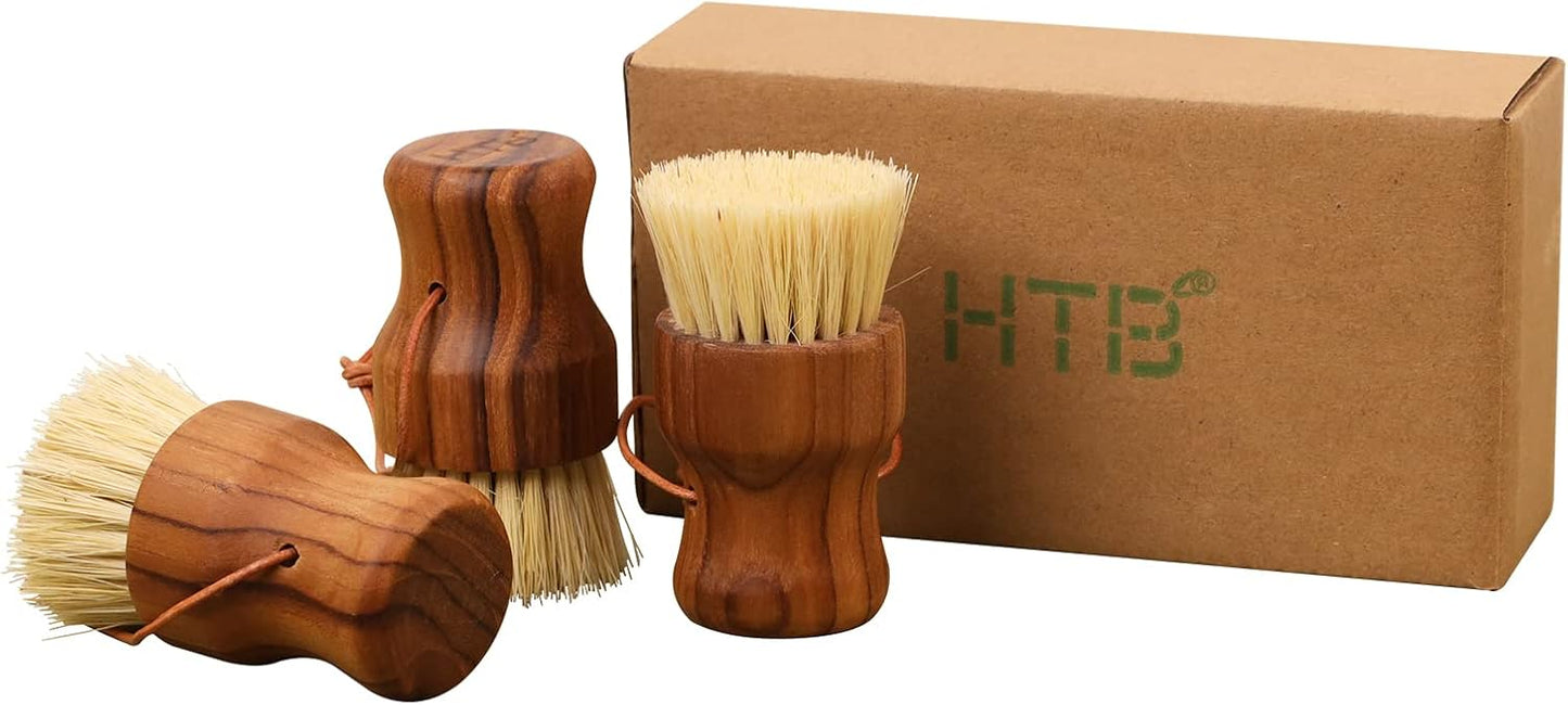 Teak Dish Scrub Brush 3PCS by HTB, Good Grip Small Wooden Dish Brush with Teak Handle & Sisal Bristles for Kitchen, Wood Cleaning Scrubbers Set for Washing Pan/Pot/Vegetable/Fruit