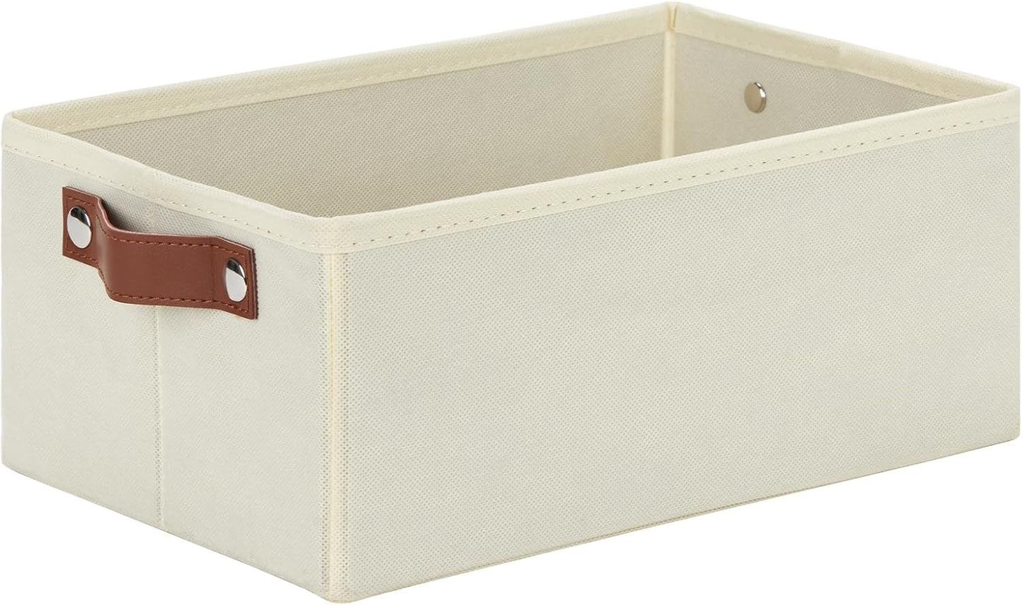 DULLEMELO Fabric Storage Bin with PU Handles, Decorative Basket and Organizer, Collapsible Bin for Toy and Clothes Storage (Light Beige, 11.8L*7.9W*5.1H)