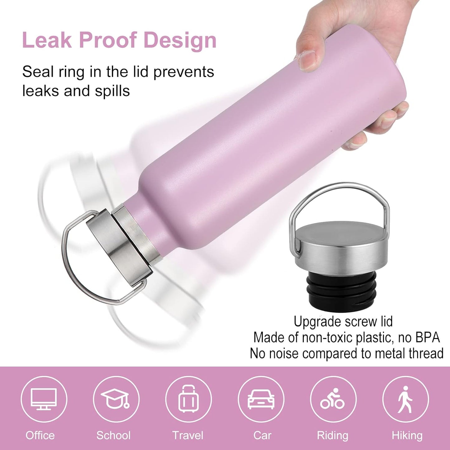 Neihepal 20 oz Insulated Water Bottles Bulk 2 Pack,Stainless Steel Double Wall Sport Bottle with Lid of Handle,Metal Reusable Thermoses Flask with Cup Cap for School,Cyclists,Gift (Pink,Set of 2)