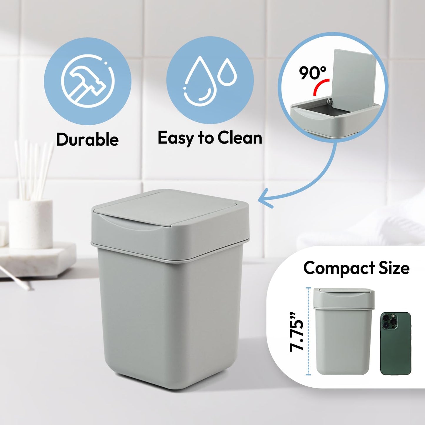 carrotez Mini Trash Can, Countertop Trash Can 2 Liter/ 0.5 Gallon, Mini Wastebasket, Garbage Container Bin for Coffee Area, Bathroom, Kitchen, Office, Tabletop- Grey