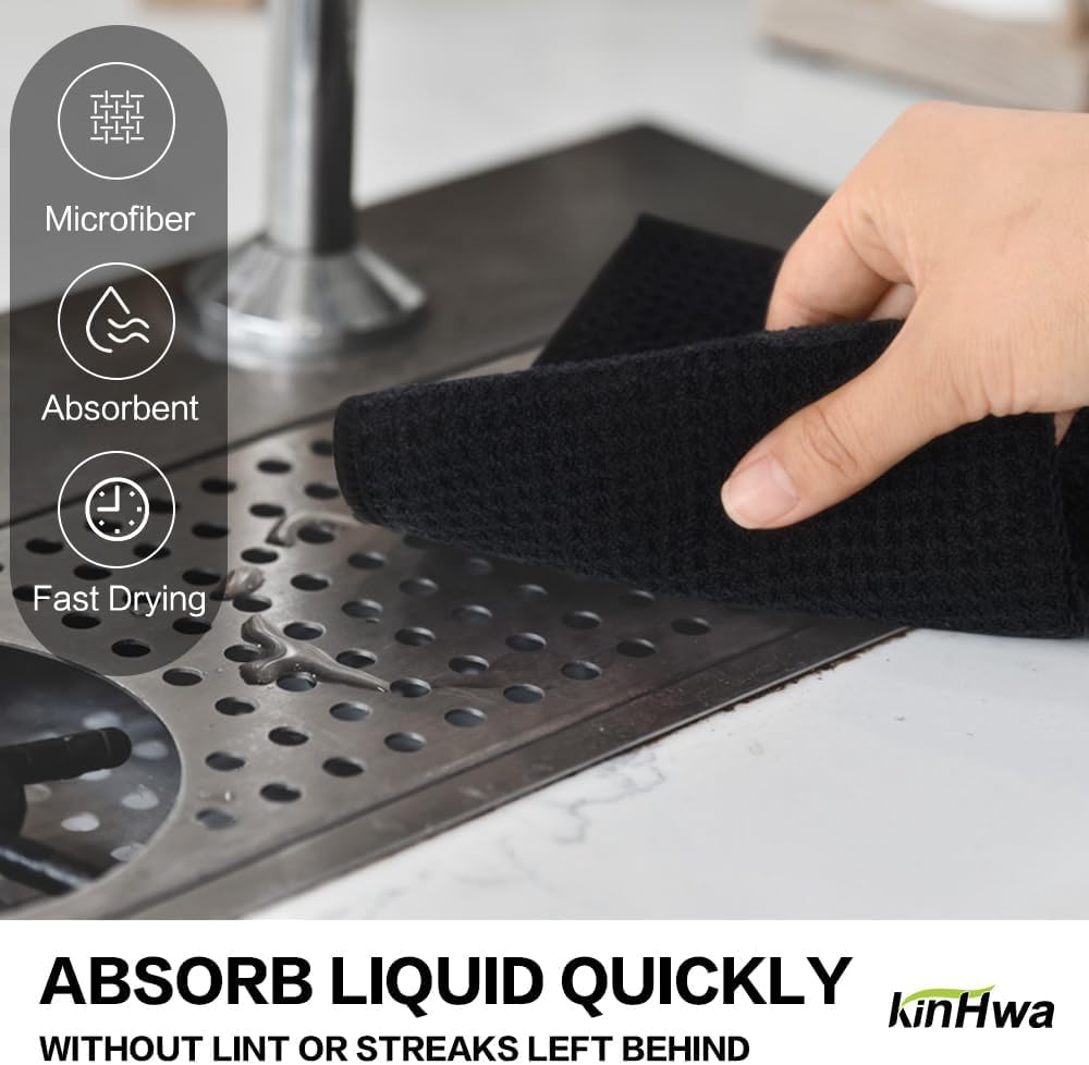 KinHwa Microfiber Dish Cloths Thick Waffle Weave Kitchen Dish Rags Ultra Absorbent Odor Free Dishcloths 12inch x 12inch… (Black 10 pc, 12in x 12in)