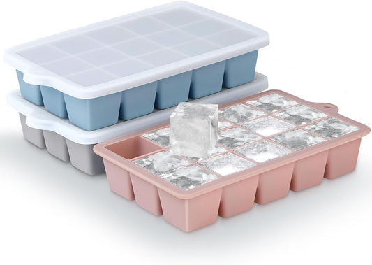 Silicone Ice Cube Trays 3Packs, Easy Release Ice Cube Molds with Lid, Freezer Stackable Ice Maker for Whiskey, Baby Food, BPA Free (Blue+Grey+Pink)