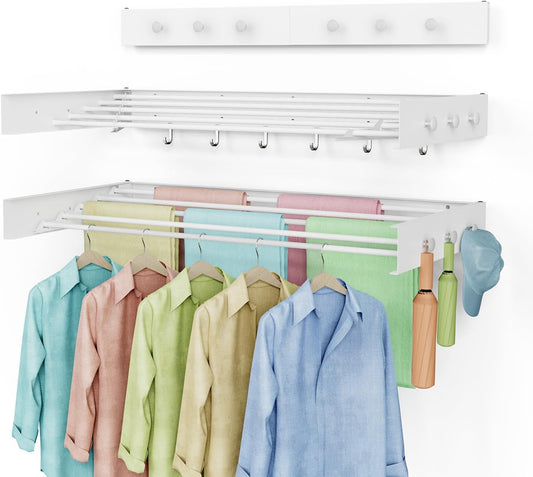Drying Rack Clothing,Clothes Drying Rack Wall Mounted,Laundry Drying Rack Wall Mount,Foldable,Collapsible,60 lb Capacity 5 Aluminium Poles with 12 Hooks,Space Saving Clothes Drying Rack,White 40"