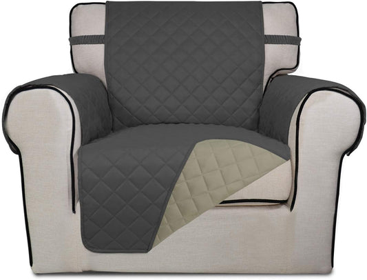 PureFit Reversible Quilted Sofa Cover, Water Resistant Slipcover Furniture Protector, Washable Couch Cover with Non Slip and Elastic Straps for Kids, Dogs, Pets (Chair, Dark Gray/Beige)
