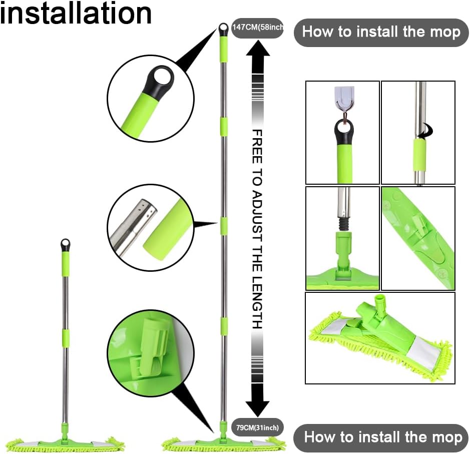 Dust Mop for Floor Cleaning with 2 Washable Chenille Pads and Extendable 58” Long Handle, Dry Wet Flat Mop with Scouring Pad for Hardwood, Laminate, Tile, Marble ，Green