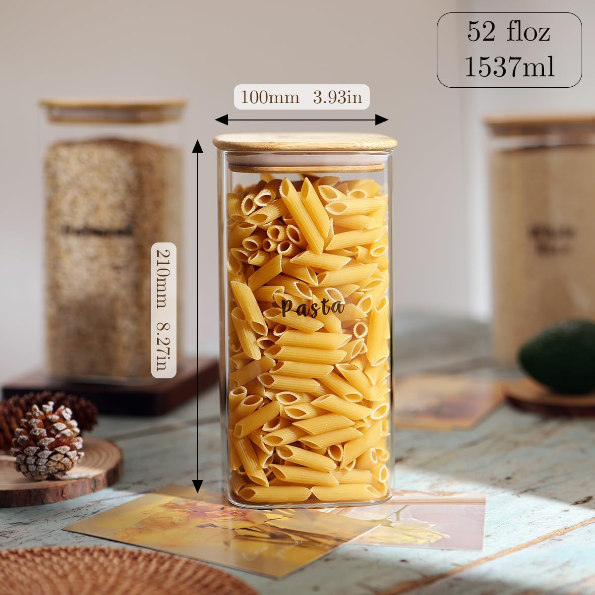 3 Pcs Square Glass Pantry Storage Containers with Bamboo Airtight Lid and 248 Clear Pantry Labels Preprinted - 52oz Thicken Glass Food Storage Jars for Coffee, Cookie, Tea, Sugar, Spice