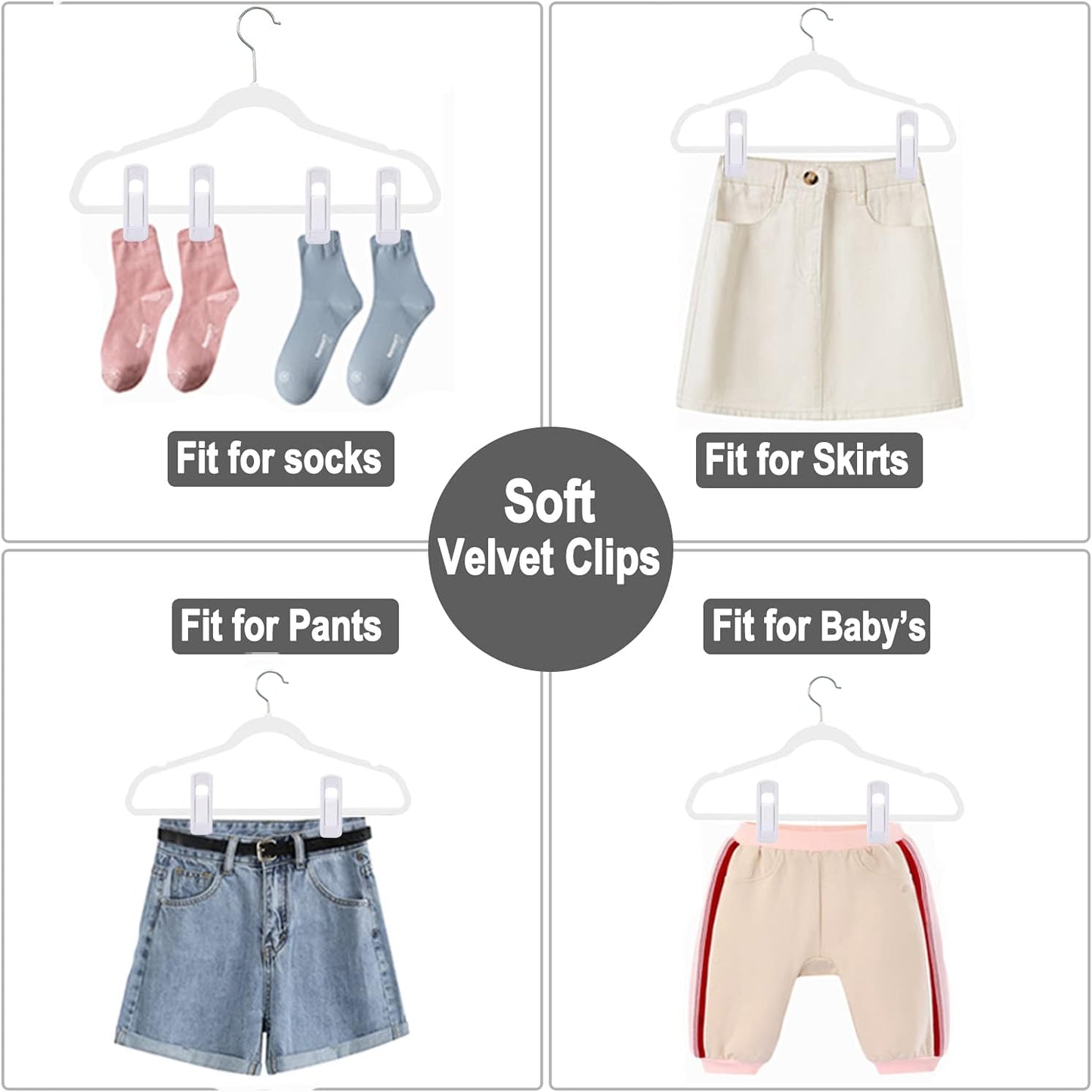 White Velvet Hangers Clips 40 PCS, Pants Hangers Velvet Clips Easily Add to Velvet Hanger, Skirt Suit Pants Clothes Velvet Hangers, Baby Kids Hangers Clips