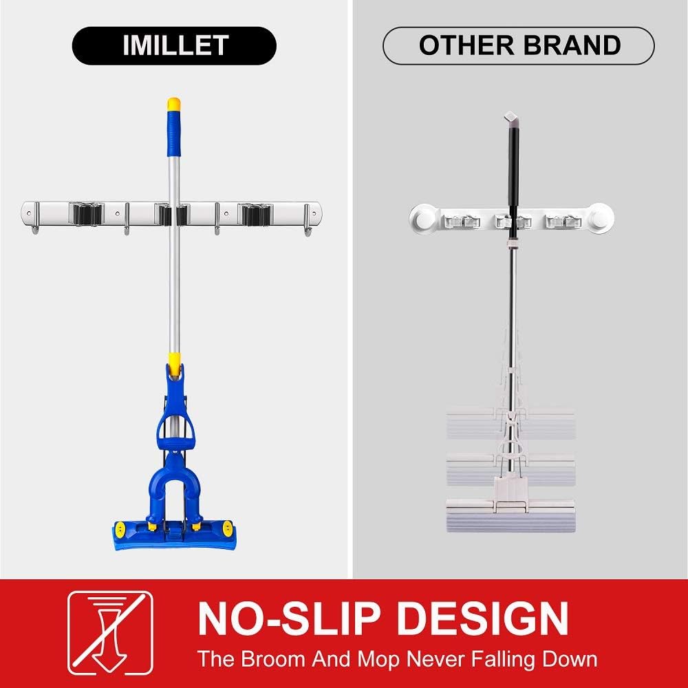 IMILLET 2 Pack Broom and Mop Holder Wall Mounted, Stainless Steel Broom Holder Mop Holder Self Adhesive Heavy Duty Hooks Storage Organizer for Home Laundry Room Garden Garage Closet Kitchen