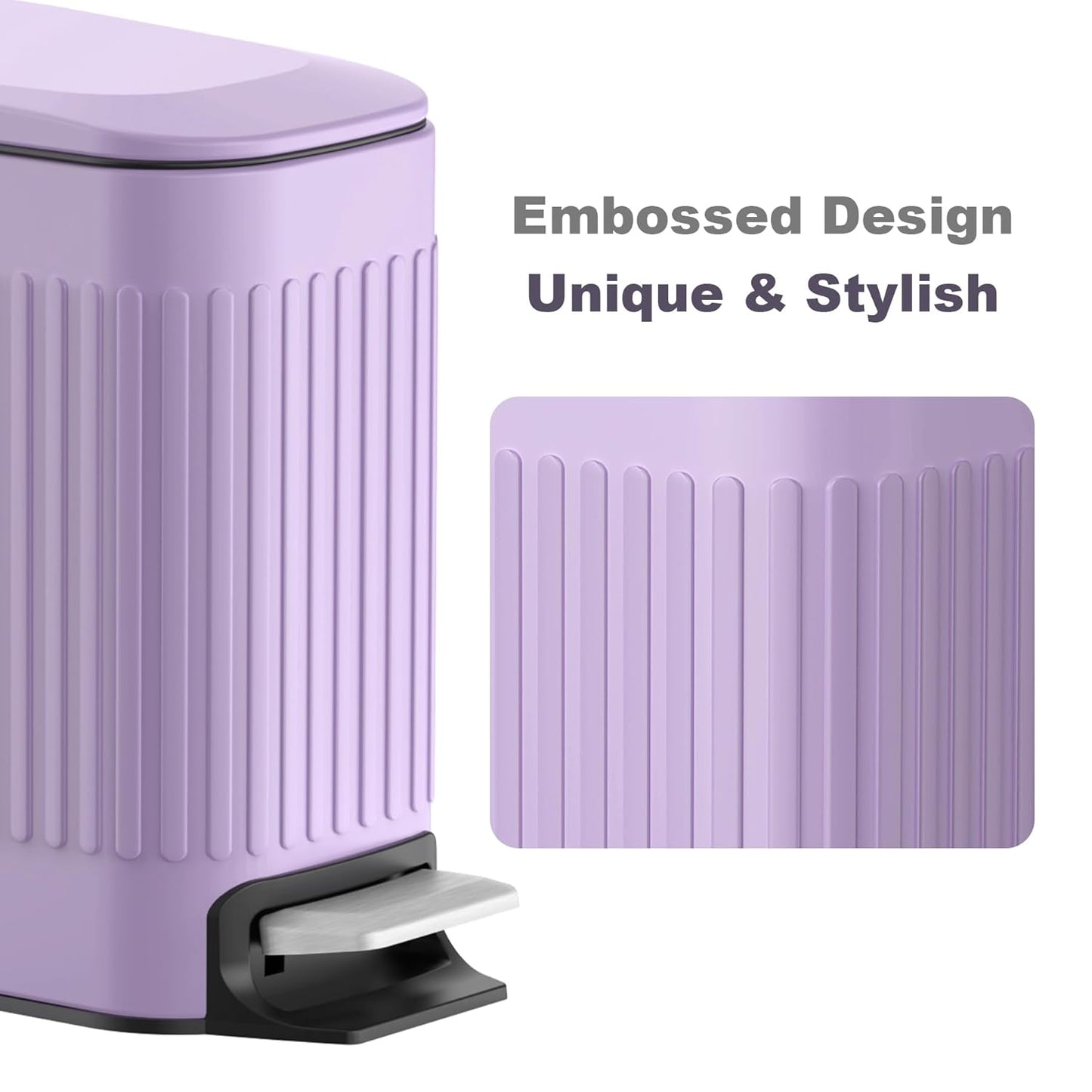TrashAid Slim Bathroom Trash Can with Lid Soft Close, 6 Liter/1.6 Gallon Stainless Steel Small Garbage Can with Removable Inner Bucket, Step Pedal, Slim Wastebasket for Toilet, Office, Bedroom, Purple