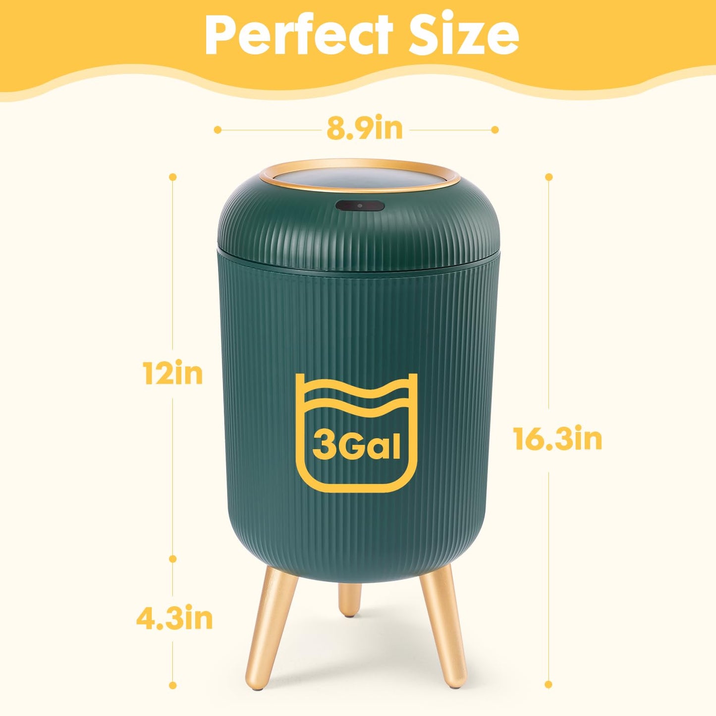 Bathroom Trash Can Automatic Touchless, 3 Gallon Smart Motion Sensor Garbage Can with Lid Electric Small Mini Trash Garbage Bin for Kitchen, Office, Toilet, Bedroom Diaper Trash Cans-Green