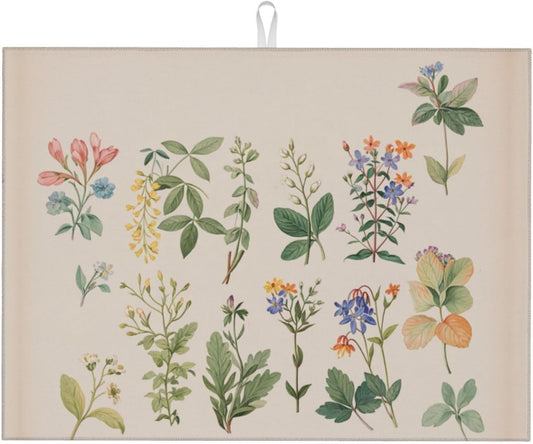 Vintage Plants Herbs Floral Dish Drying Mat Highly Absorbent Double-Sided Microfiber with Hanging Loop Reversible Drain Dish Rack Mat Drain Mat Suitable for Kitchen Countertop Coffee Bar 18 x 24 Inch