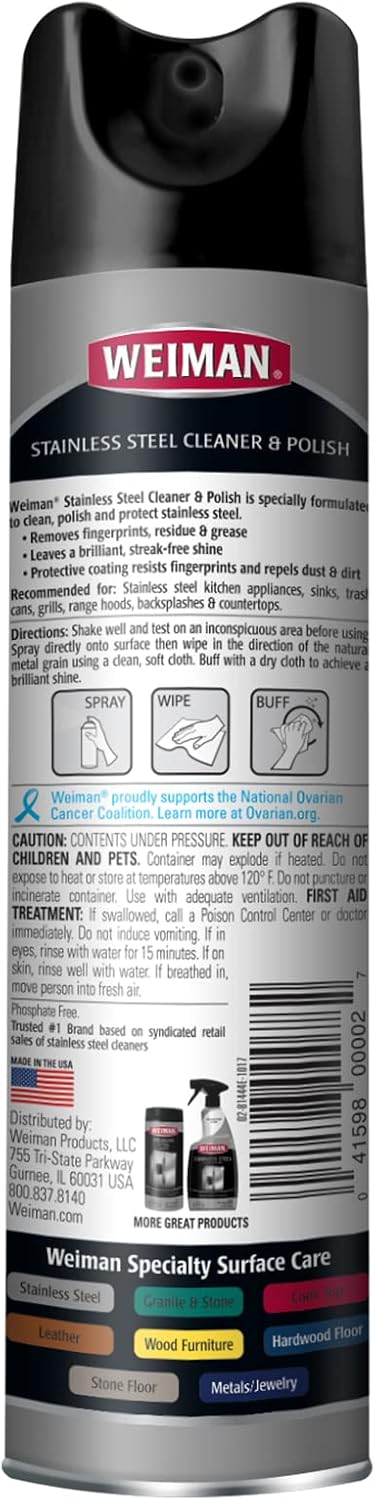 Weiman Stainless Steel Cleaner & Polish Streak-Free Shine - For Refrigerators, Oven, Dishwasher, Stove - 2 Pack Aerosol Spray with Microfiber Cloth Included