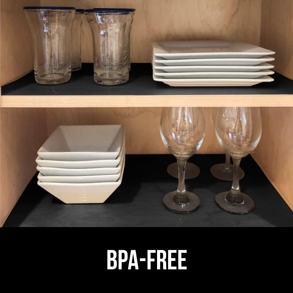 GORILLA GRIP DuraGuard Shelf Liner, Non-Adhesive Cabinet Liners for Kitchen Drawers, Shelves, Refrigerator, Pantry Storage, Bathroom Closet, Durable Waterproof BPA Free Ribbed Plastic, 17.5x10 Black