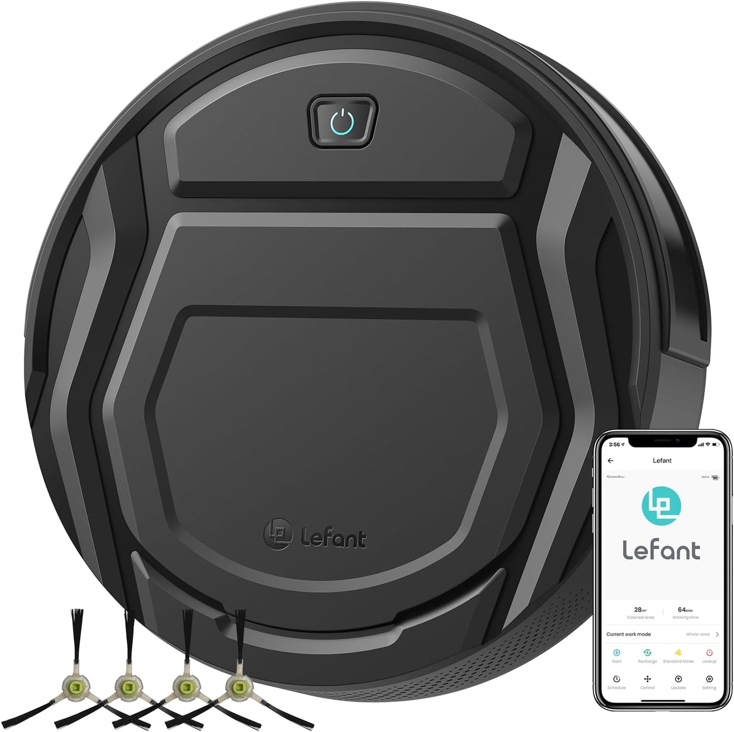 Lefant M210 Robot Vacuum Cleaner, 120-Min Runtime, Compact Design, Powerful Suction, Low Noise, Wi-Fi/App/Voice Control, Self-Charging, Scheduled Cleaning, Ideal for Pet Hair and Hard Floors, Black