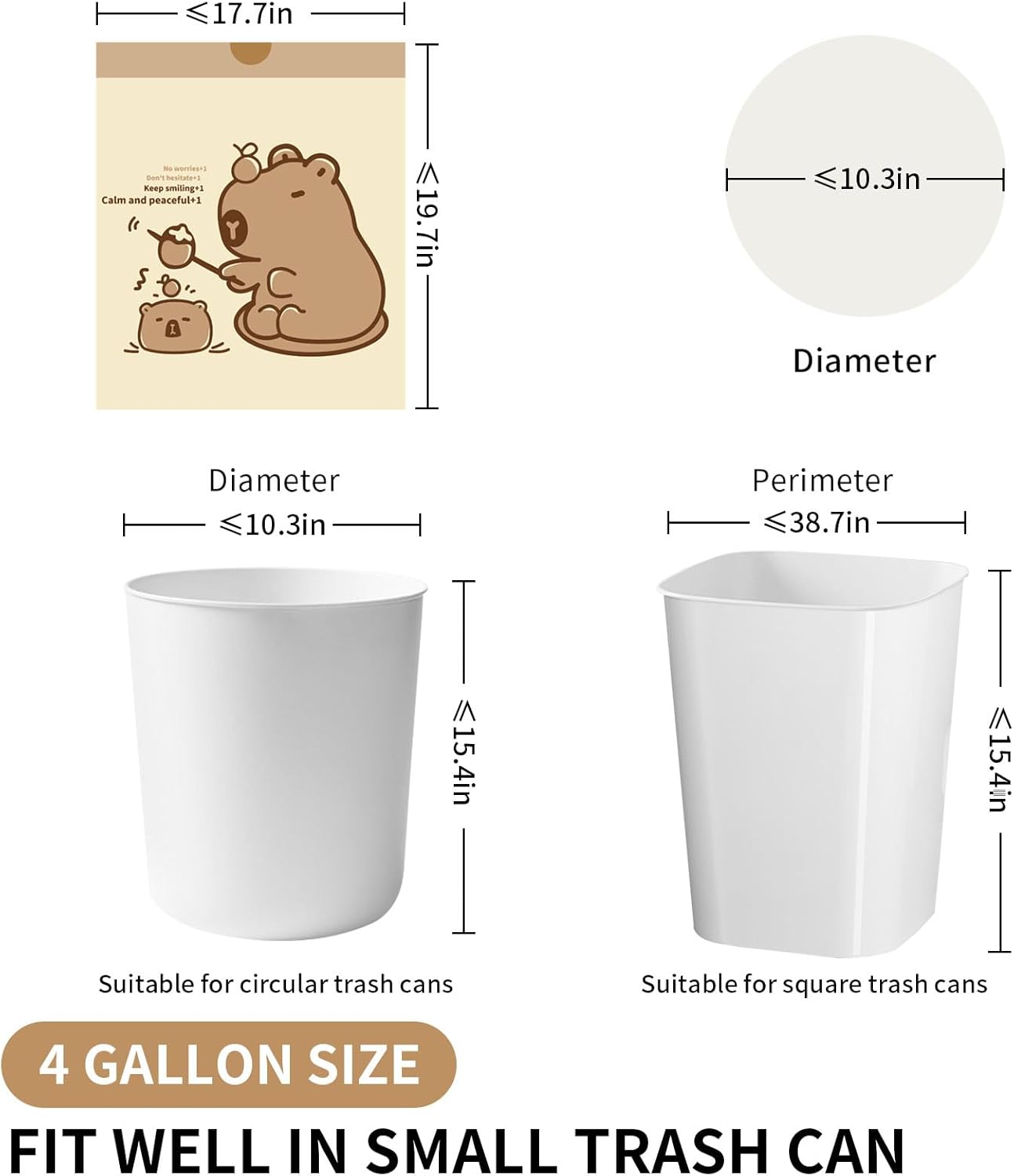 VOK 4 Gallon Trash Bags with Capybara Printed, Drawstring Small Garbage Bags, Tear-Resistant & Odor-Control Bathroom/Kitchen Trash Can Liners, Bathroom Trash Bags with Secure Tie, 100 Counts