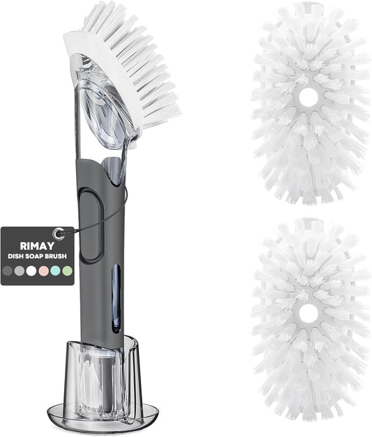 Soap Dispensing Replacement Dish Brush Storage Set with 2 PCS Brush Refills & Holder - RIMAY Dispenser Scrub Cleaning Scrubber Kitchen Dishwashing Dish Wand Handle for Dishes/Pans/Pots/Sink(Black)