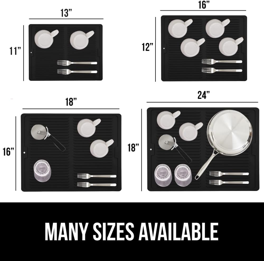 GORILLA GRIP 100% BPA-Free Patented Silicone Dish Drying Mat for Kitchen Counter, Water Catching Ribbed Design, Easy Clean Waterproof Sink Liner, Heat Resistant, Fits Under Rack, 16x12 Inch, Black