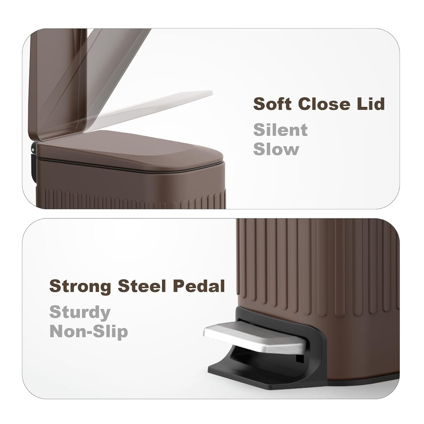 TrashAid Slim Bathroom Trash Can with Lid Soft Close, 6 Liter/1.6 Gallon Stainless Steel Small Garbage Can with Removable Inner Bucket, Step Pedal, Slim Wastebasket for Toilet, Office, Bedroom, Brown