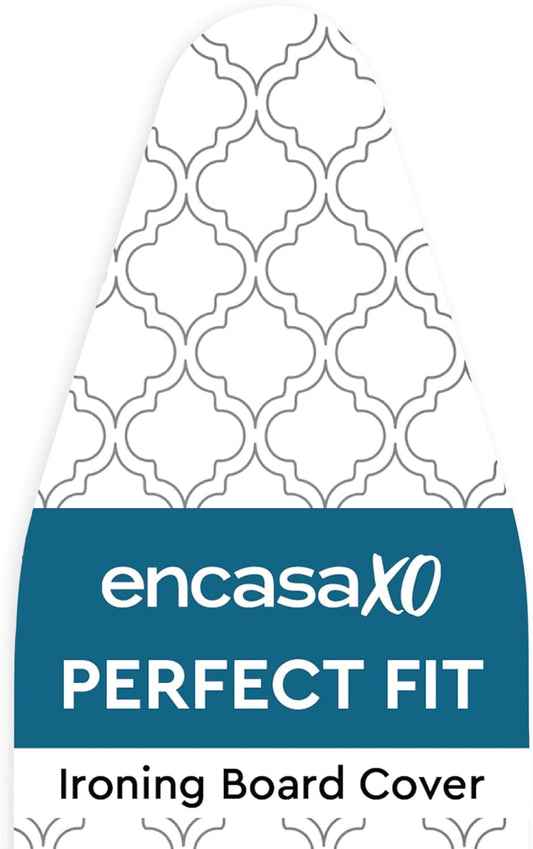 Encasa XO Ironing Board Cover and Pad 49"x18" - Thick 3mm Felt Padding, Drawstring Tightening & Lock, Easy Fit, Scorch & Stain Resistant, Fits Wide Ironing Board - White Tiles