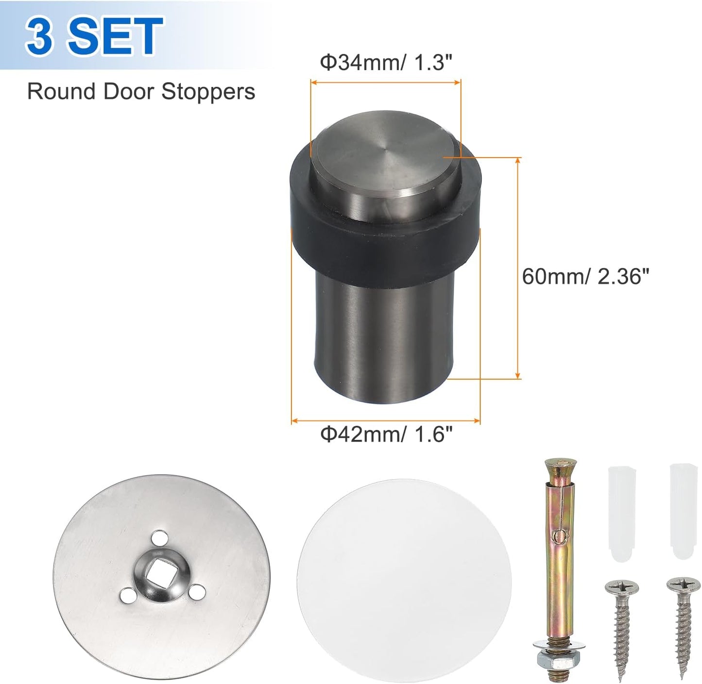 PATIKIL 3Set Round Door Stoppers, 60mm Stainless Steel Door Stop Doorstop Wedge Metal Cylinder Self Adhesive with Screw for Bottom of Door Floor Inside, Copper Tone