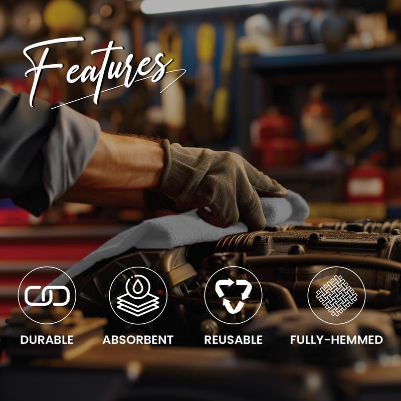 Shop Towels (White, 25-Pack) - Bulk Cleaning Towel in a Bag, Mechanic Cotton Wipes for Car Maintenance, Auto Mechanics & Garage, Wipe Grease & Oil, Machine Wash & Reusable